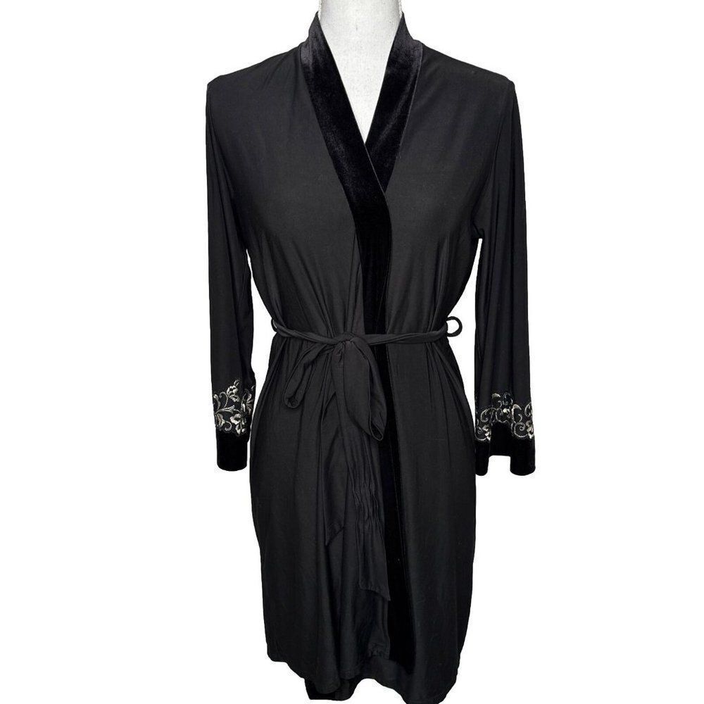 Vintage 80s Women’s M Black Belted Soft Robe Embroidered Sleeve Velvet
